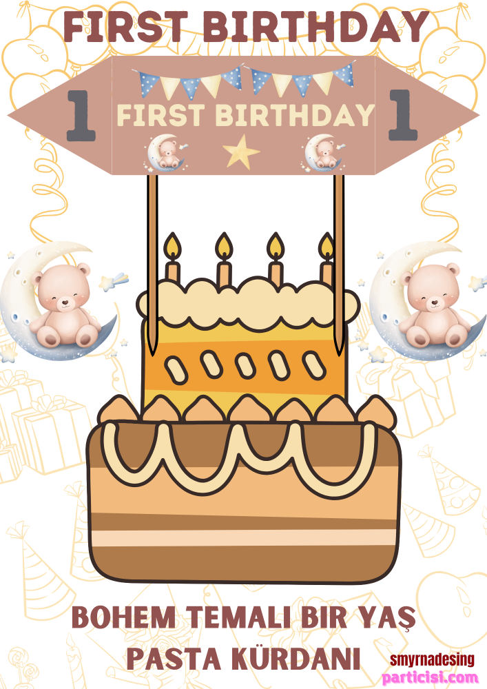1%20Yaş%20Partisi%20Pasta%20Üstü%20Bayrak%20First%20Birthday%20Retro%20Bohem%20Temalı