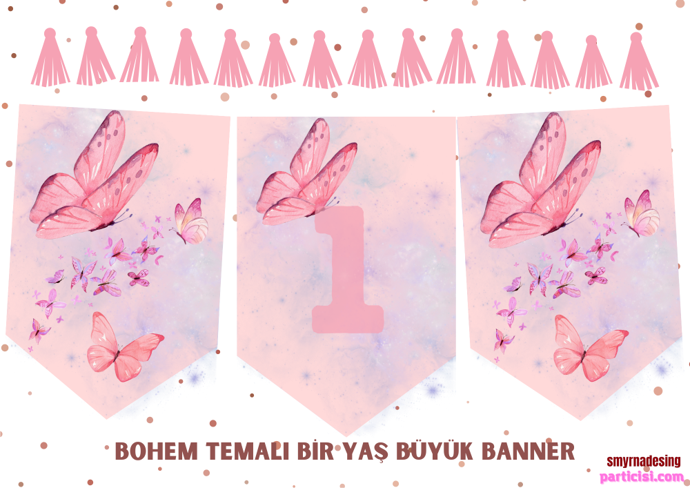 1%20Yaş%20Doğum%20Günü%20Pembe%20Kelebek%20Banner