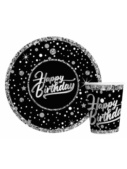Doğum Günü Happy Birthday Gümüş Tabak Bardak 8li
