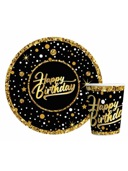 Doğum Günü Happy Birthday Gold Tabak Bardak 8li