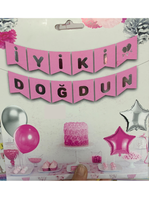 Doğum Günü Zarflı Banner Pembe Varaklı Gümüş 
