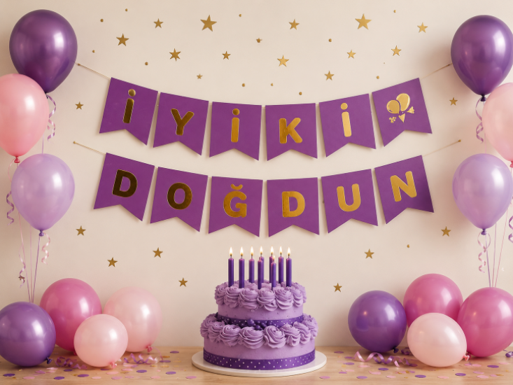 Doğum Günü Zarflı Banner Mor Varaklı Gold
