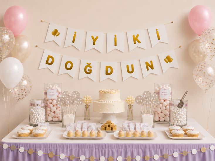 Doğum Günü Zarflı Banner Beyaz Varaklı Gold