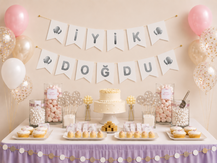Doğum Günü Zarflı Banner Beyaz Varaklı Gümüş 