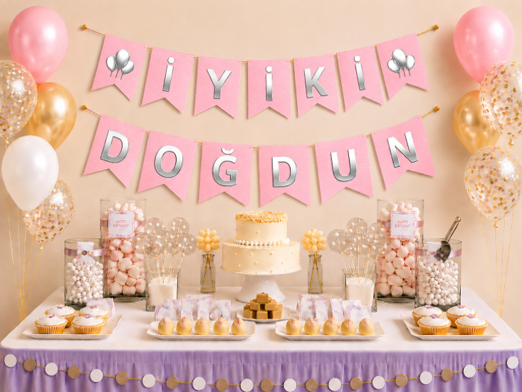 Doğum Günü Zarflı Banner Pembe Varaklı Gümüş 