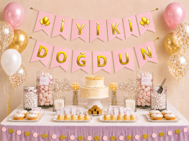 Doğum Günü Zarflı Banner Pembe Varaklı Gold
