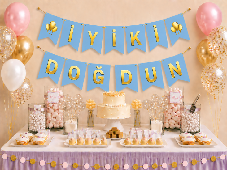 Doğum Günü Zarflı Banner Mavi Varaklı Gold