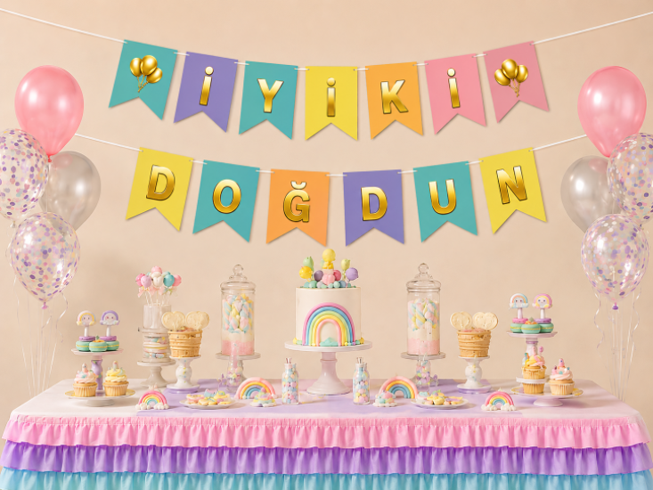Doğum Günü Zarflı Banner Makaron Varaklı Gold