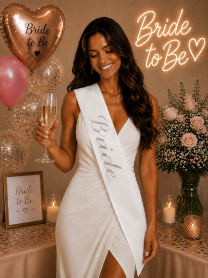 Beyaz Bride Gümüş Yazılı Kuşak