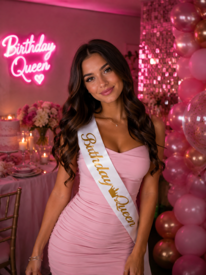 Beyaz Birthday Queen Gold Yazılı Kuşak