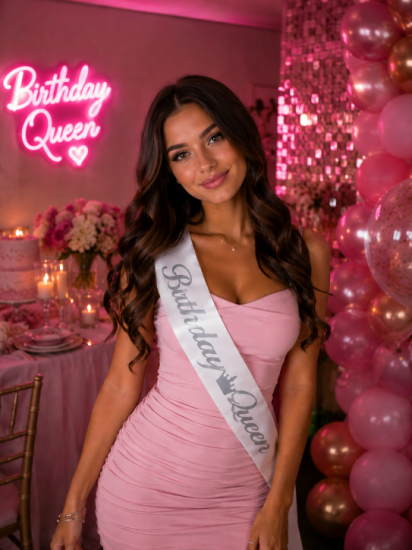 Beyaz Birthday Queen Gümüş Yazılı Kuşak