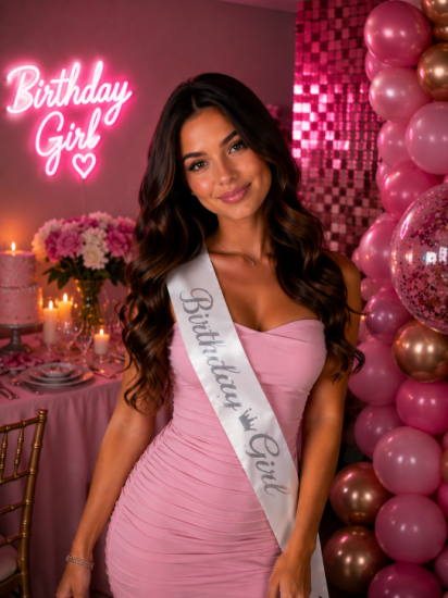 Beyaz Birthday Girl Gümüş Yazılı Kuşak