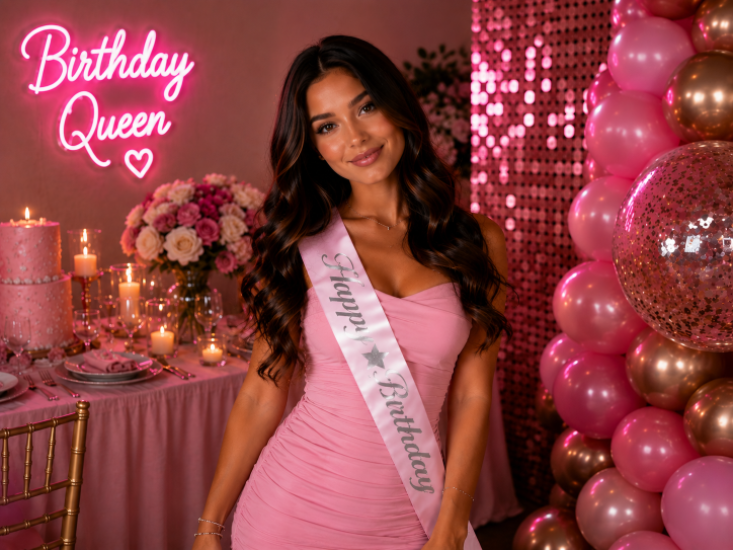 Pembe Happy Birthday Gümüş Yazılı Kuşak