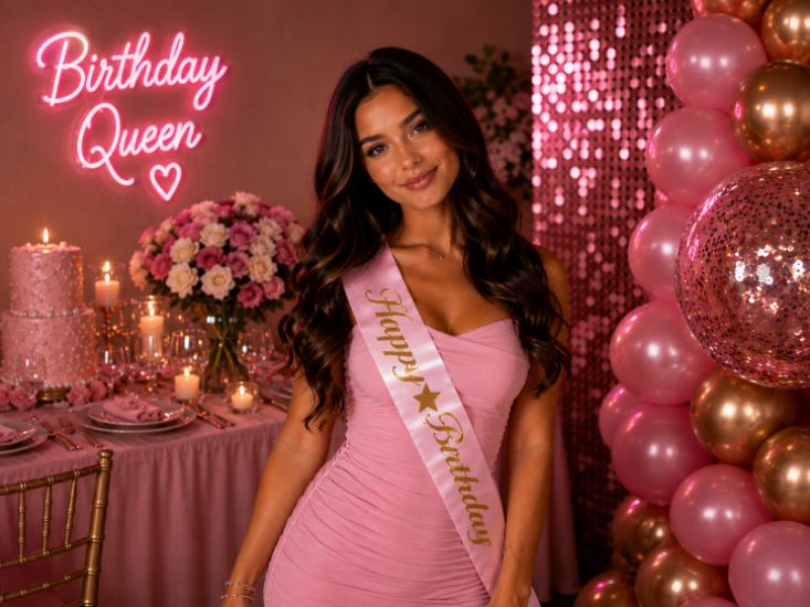 Pembe Happy Birthday Gold Yazılı Kuşak