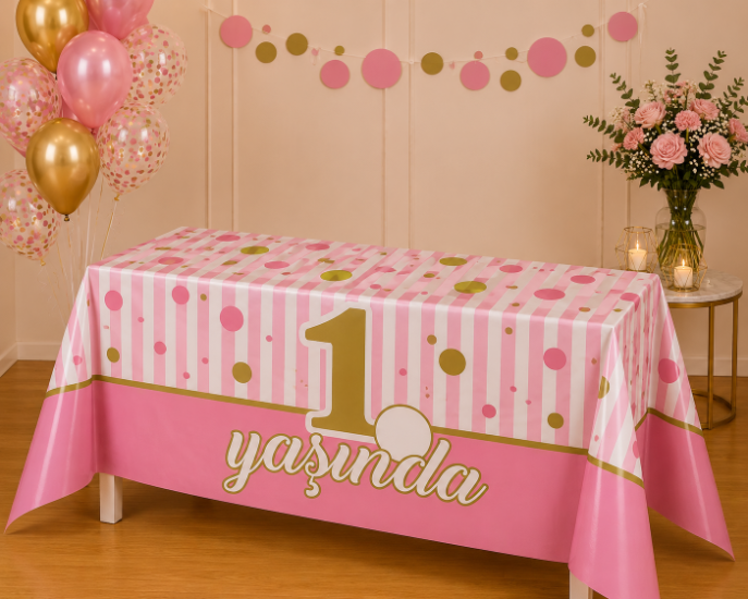 Doğum Günü Kullan At Masa Örtüsü 1 Yaş Pembe