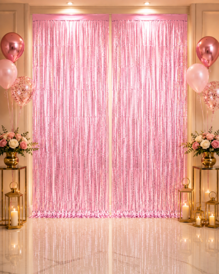 Metalize Arka Fon Perde Pembe 90x190 cm
