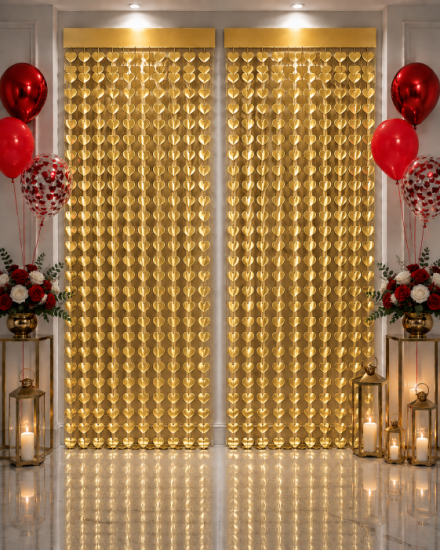 Metalize Arka Fon Perde Gold Kalp 90x190 cm