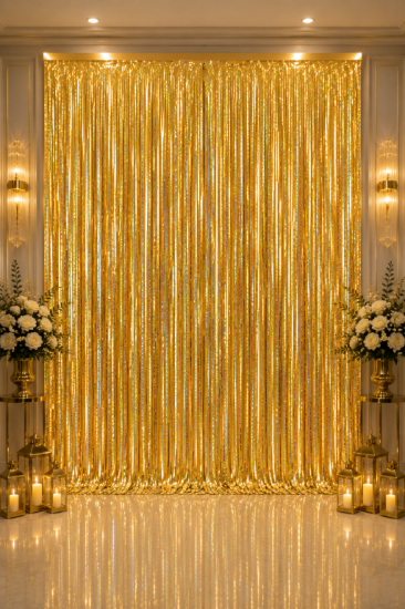 Metalize Arka Fon Perde Hologram Gold