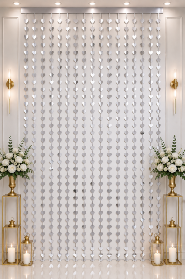 Metalize Arka Fon Perde Kalp Gümüş 100x200 cm
