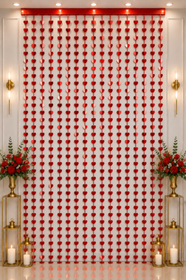 Metalize Arka Fon Perde Kalp Kırmızı 100x200 cm