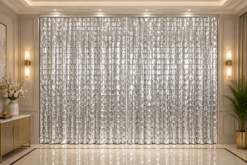 Metalize Arka Fon Perde Kareli Gümüş 100x200 cm