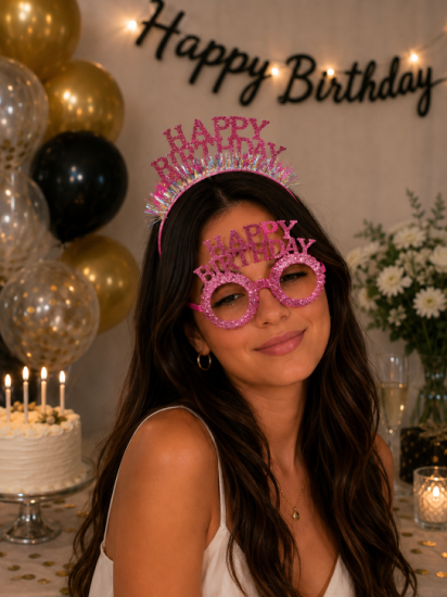 Happy Birthday Taç Gözlük Seti Koyu Pembe