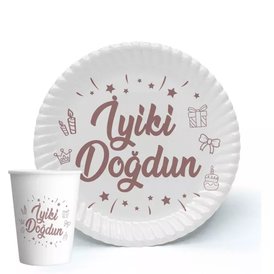 Doğum Günü İyi Ki Doğdun Beyaz Tabak Bardak 8li