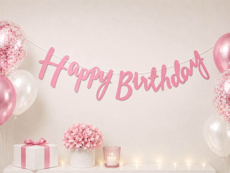 Doğum Günü Kaligrafi Banner Happy Birthday Pembe