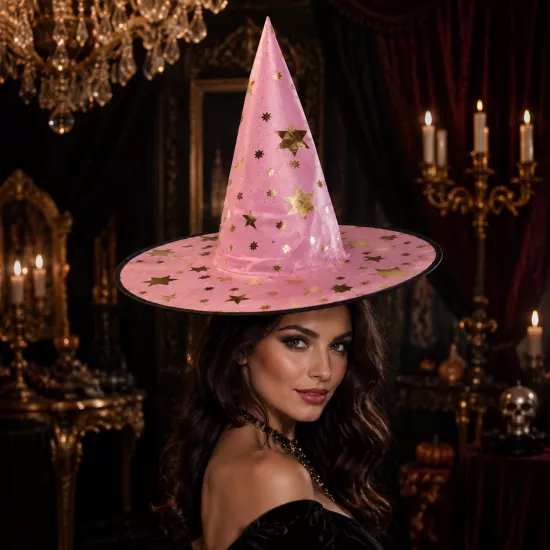 Halloween Pembe Yaldızlı Cadı Şapkası