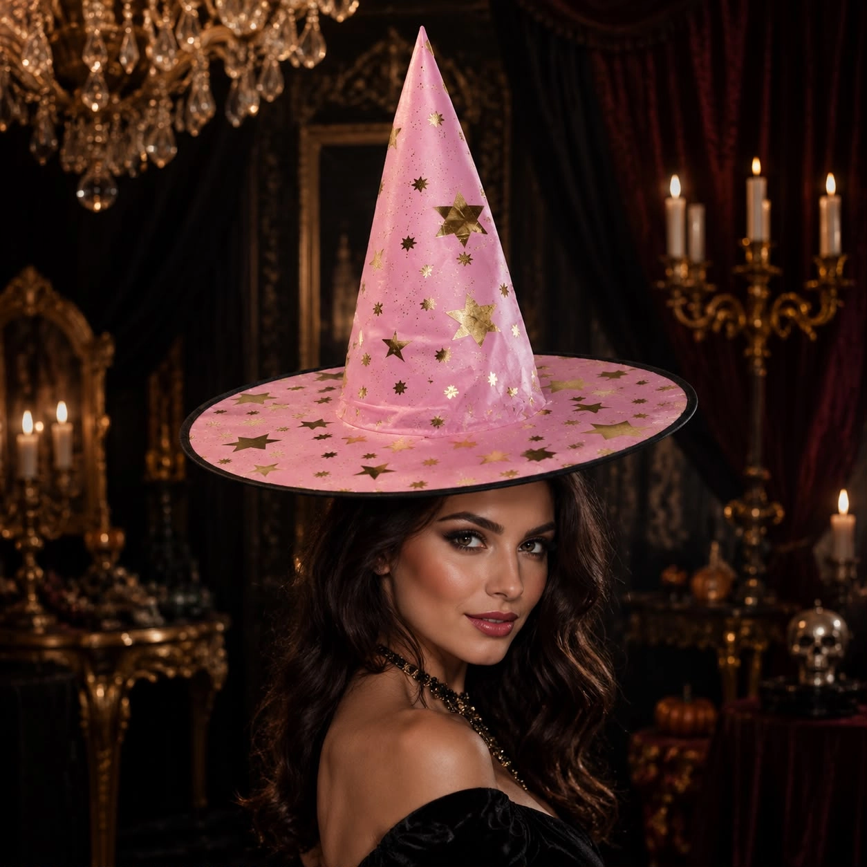 Halloween Pembe Yaldızlı Cadı Şapkası