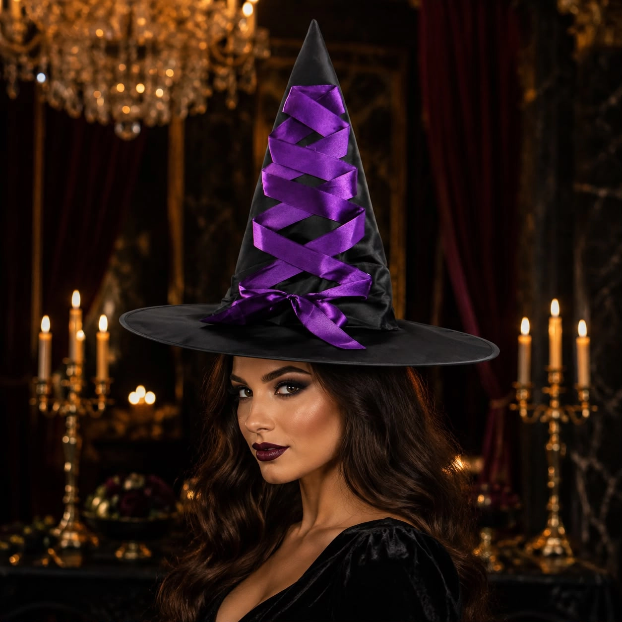 Halloween Mor Fiyonklu Cadı Şapkası